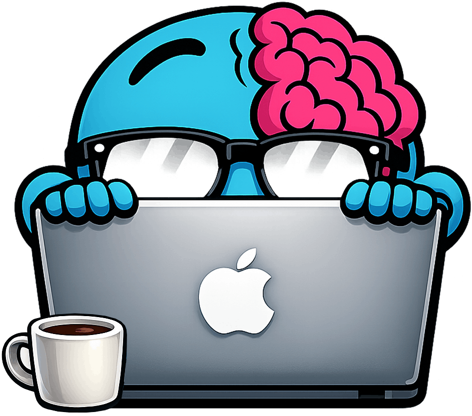 Mascote Sem Crânio segurando notebook e café